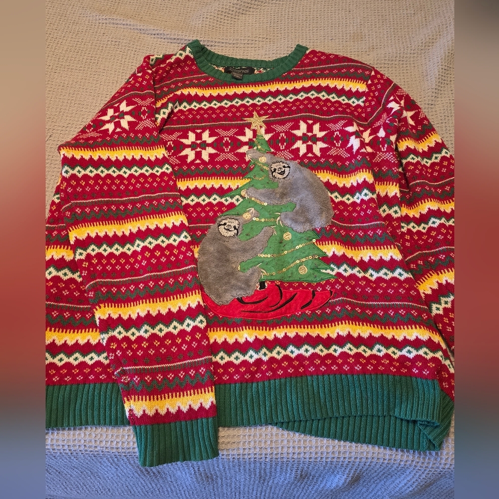 Festive Red and Green Sloth Sweater